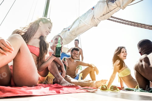 Preview: Happy Rich Friends Having Boat Party In Caribbean Sea - Young People Having Fun Drinking Beer And