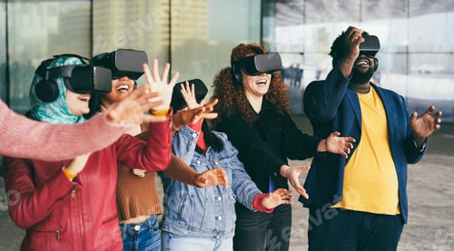 Preview: Young People Wearing Virtual Glasses Outdoor - Metaverse Concept - Focus On Right Gir Face