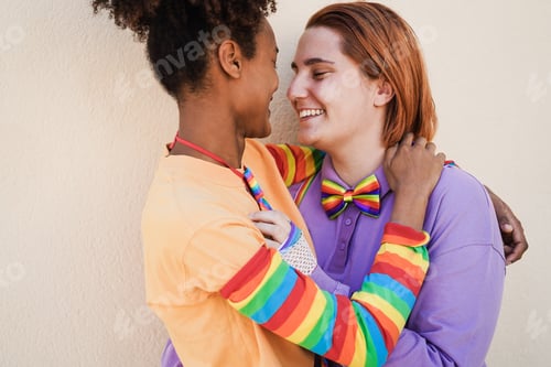 Preview: Happy Women Gay Couple Having Tender Moment Outdoor - Lgbt And Love Concept - Focus On African Girl