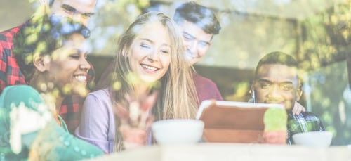 Preview: Happy Multiracial Friends Watching Videos On Tablet Computer At Bar Cafè - Young Students Having