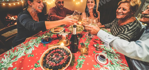 Preview: Happy Family Cheering With Wine And Eating Dessert Cakes At Holidays Dinner Inside A Country House