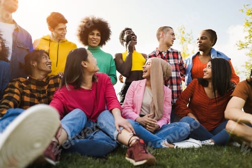 Preview: Multiethnic Diverse People Having Fun Outdoor Sitting On Grass At City Park - Soft Focus On African