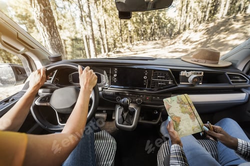 Preview: Multiracial Senior Women Having Fun On The Road In Camper Van - Focus On Woman Left Hands