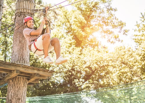 Preview: Tourist Male Having Fun In Adventure Natural Park Outdoor - Young Happy Man Doing Extreme Sport In