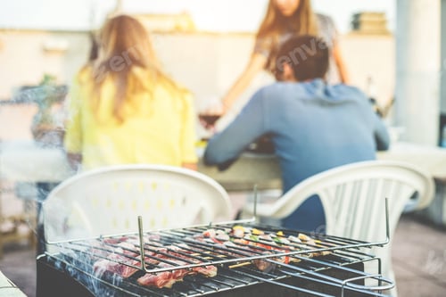 Preview: Group Of Friends Having Barbecue On Top Of The Roof - Happy People Doing Bbq Dinner Outdoor - Focus
