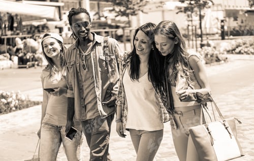 Preview: Cheerful Friends Walking With Phones And Bags In Their Hands - Young People Having Fun At Daily