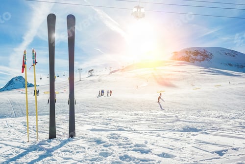 Preview: Panoramic View Of Sport Resort For Winter Vacation - Skies With Back Light - Warm Filter With