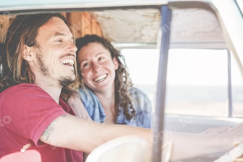Preview: Happy Couple Inside Minivan Doing A Adventure Road Trip - Woman With Freckles Having Fun On Summer