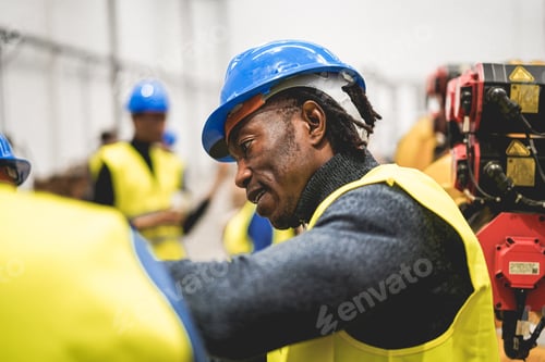 Preview: Engineers Working Inside Robotic Factory - Industrial And Technology Concept - Main Focus On Man Ear