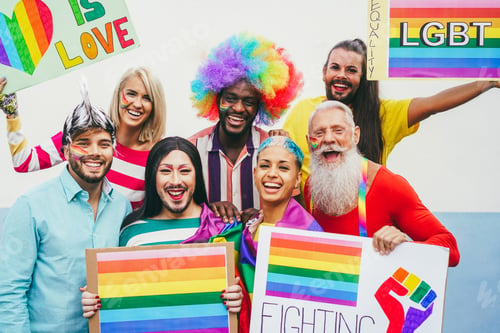 Preview: Gay People Having Fun At Pride Parade With Lgbt Banners Outdoors - Focus On African Man Face