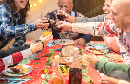 Preview: Happy Family Cheering At Holiday Dinner - Group Of People Celebrating With Children And