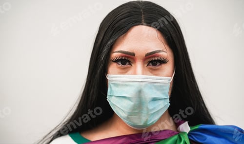 Preview: Portrait Of Drag Queen At The Outdoor Lgbt Parade Wearing Face Mask During Coronavirus Outbreak