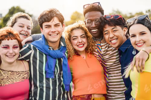 Preview: Young Diverse People Having Fun Together Outdoor Smiling On Camera - Divesity And Teenagers
