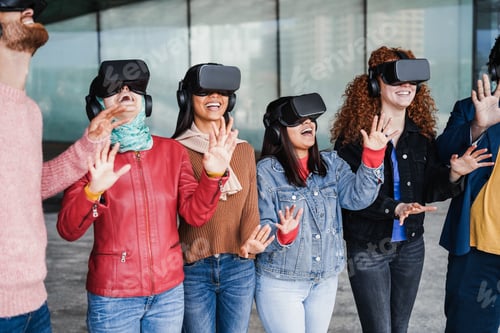 Preview: Young People Wearing Virtual Glasses Outdoor - Metaverse Concept - Focus On Girl Face With Jeans