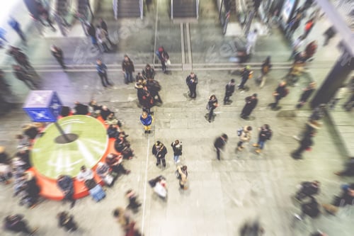 Preview: Blurred People Crowd Inside Train Station Rushing At Busy Hour - Concept Of Modern, Urban, City