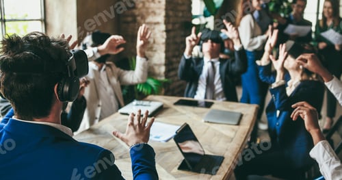 Preview: Teamwork Using Virtual Reality Goggles Inside Business Office - Multiracial People Having Fun With