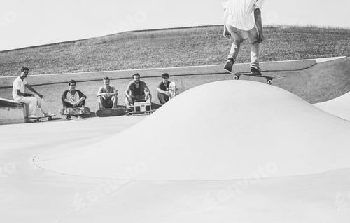 Preview: Young Skater Performing With Skateboard While Friends Watching Him In Background - Sporty Guy