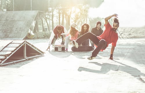 Preview: Happy Friends Performing Break Dancing In City Park - Young Hip Hop Style People Having Fun Outdoor