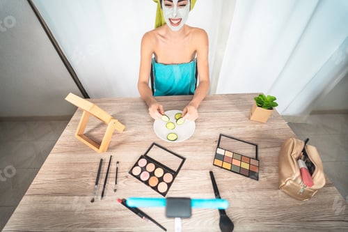 Preview: Happy Influencer Girl Having Fun Creating Videos Using Beauty Skincare Mask - Young Woman Streaming