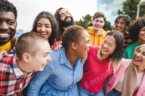 Preview: Young Diverse People Having Fun Outdoor Laughing Together - Focus On African Curvy Girl Face