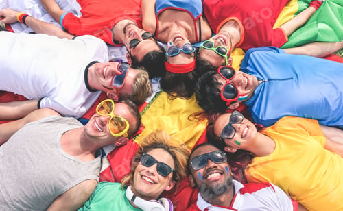 Preview: Top View Of Happy Soccer Supporters In Pubblic Park Before World Football Game - Young Diverse