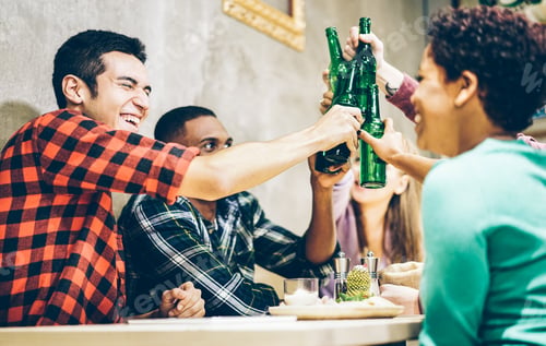Preview: Happy Friends Toasting Bio Organic Beer In Bar Pub Restaurant - Young People Drinking And Laughing