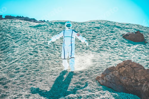 Preview: Astronaut Discovering New Blue Planet - Spaceman Traveling Universe Looking For A New World To
