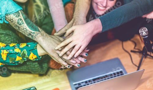Preview: Young Work Team Celebrating For New Startup In Creative Office - Focus On Top Hand - Coworking