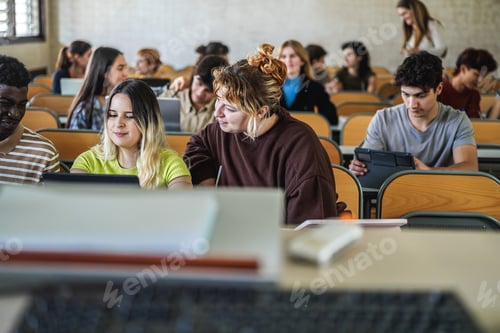Preview: Young Students Working With Tablets Inside Classroom At School University - Focus On Curvy Girl Face