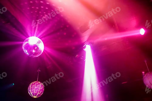 Preview: Blurred Colorful Laser Lights With Vintage Disco Ball - Defocused Image -Concept Of Nightlife With