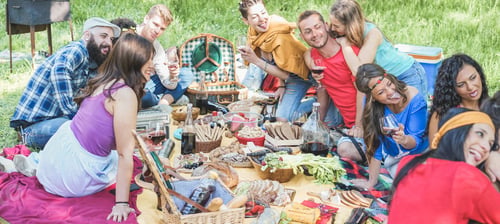 Preview: Group Of Friends Making Picnic In Nature Park Outdoor - Young Trendy People Drinking Wine And