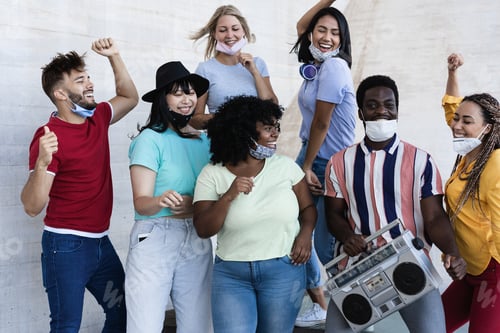 Preview: Happy People From Different Races Dancing Outdoor While Listening Music From Old Boombox Stereo