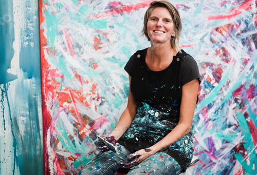 Preview: Senior Woman Painting Inside Her Atelier Studio At Home - Focus On Face