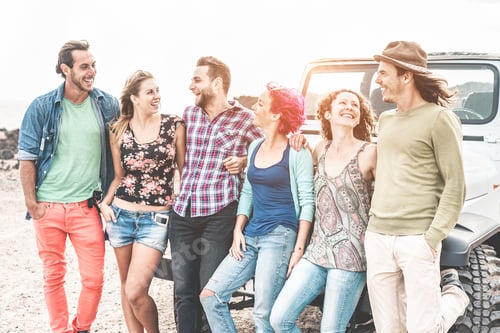 Preview: Happy Friends Doing Excursion On Desert With Convertible 4X4 Car - Young People Having Fun