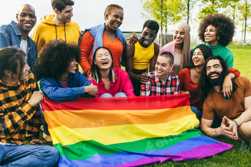Preview: Diverse People Having Fun Holding Lgbt Rainbow Flag Outdoor - Focus On Center African Woman Face