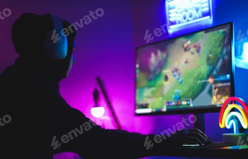 Preview: Young Streamer Gamer Playing At Strategy Game - Focus On His Hand