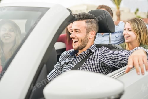 Preview: Happy Friends Having Fun In Convertible Car On Summer Vacation - Young People Laughing And Smiling