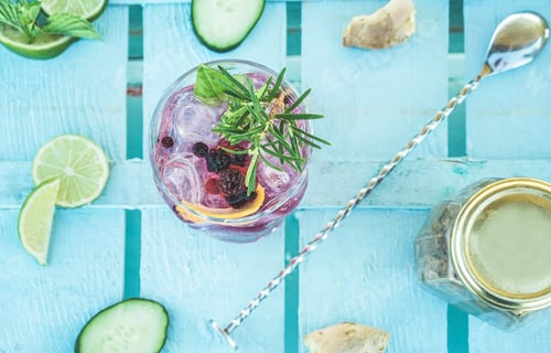 Preview: Top View Of Berries Mojito Cocktail On Blue Wood Bar Counter - Tropical, Drinks, Party And Concept