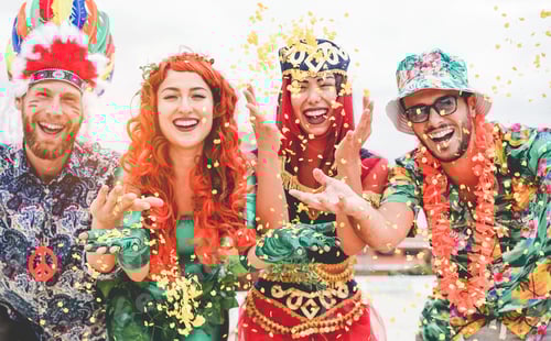 Preview: Happy Dressed People Celebrating At Carnival Party Throwing Confetti - Young Friends Having Fun