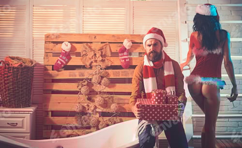 Preview: New Year Guy And Girl With Wine Glass. Christmas Man And Woman Couple On Ladder. Winter Holiday And