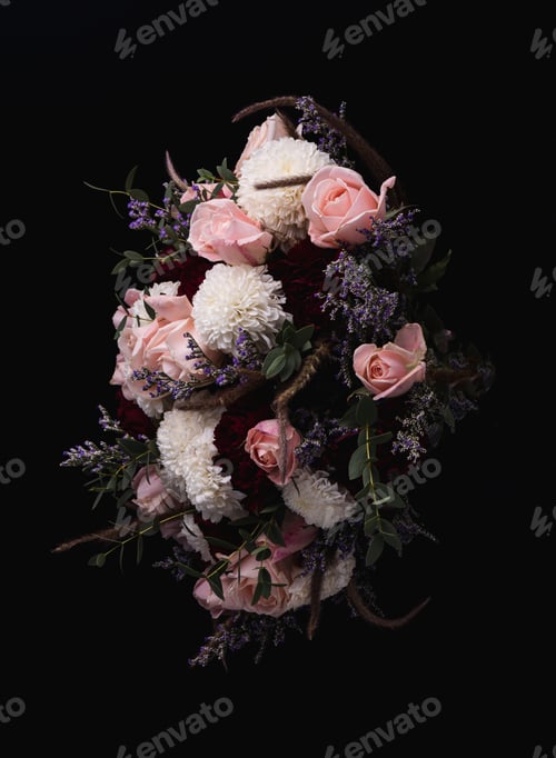 Preview: A Vertical Shot Of A Luxurious Bouquet Of Pink Roses And White, Red Dahlias On A Black Background