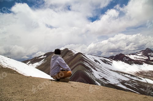 Preview: Man With Panoramic View. Hiking Scene In Vinicunca, Cusco Region, Peru. Montana Of Seven Colors