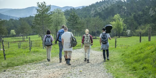 Preview: A Back View Of Young Friends With Backpacks Walking In The Forest And Enjoying A Good Summer Day