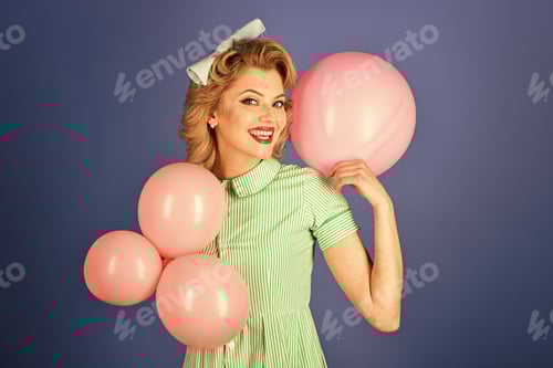 Preview: Balloons, Birthday Pin Up Woman With Pink Balloons On Blue Background.