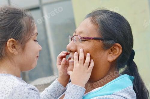 Preview: Tender Portrait Of Native American Woman With Her Little Daughter.