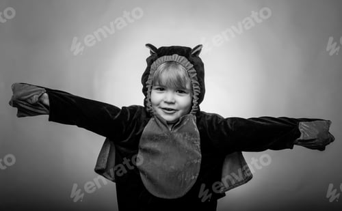 Preview: Happy Child In Halloween On The World. Trick Or Treat. Halloween Dresses And Dracula Costumes. Best