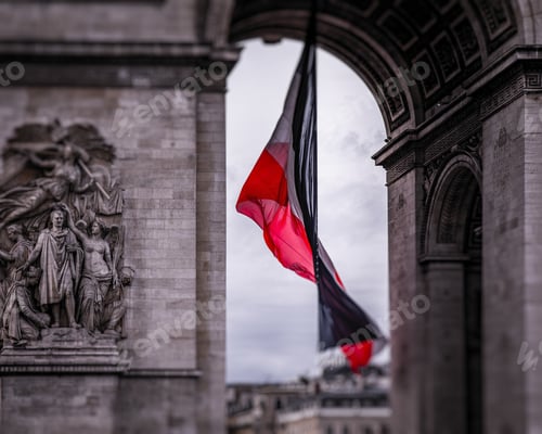 Preview: A Closeup Shot Of A French Flag In Front Of The Triumphal Arch Of The Star, Paris, France