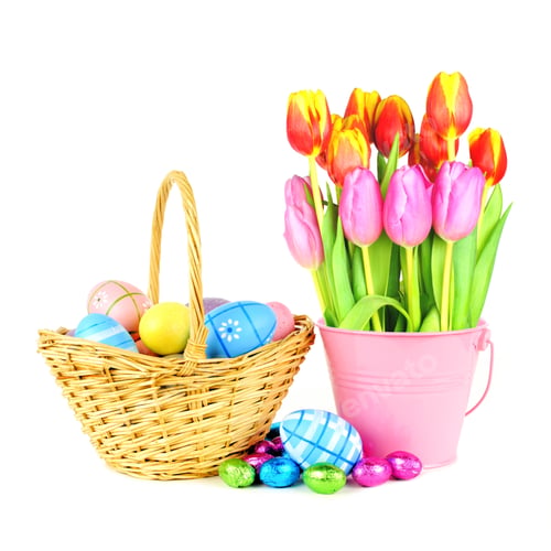 Preview: Easter Basket With Eggs And A Bunch Of Tulips Over A White Background