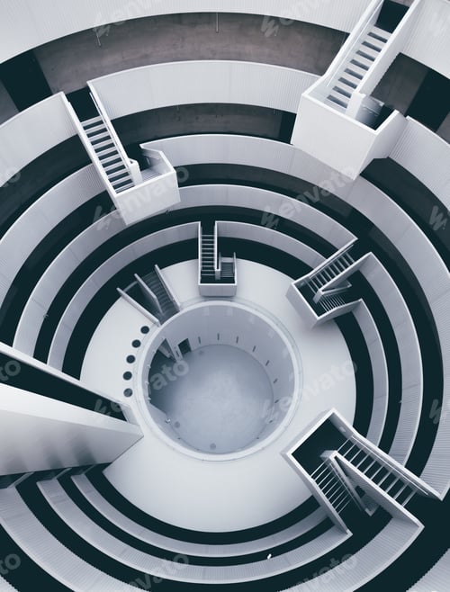 Preview: A High Angle Vertical Shot Of A Black And White Interior With Lots Of Stairs