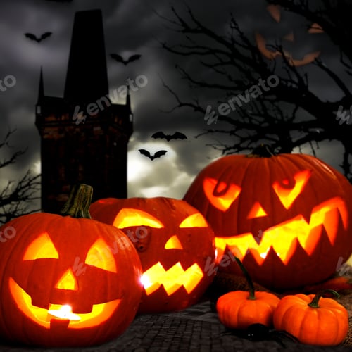 Preview: Halloween Jack O Lanterns With Spooky Tower And Tree Background